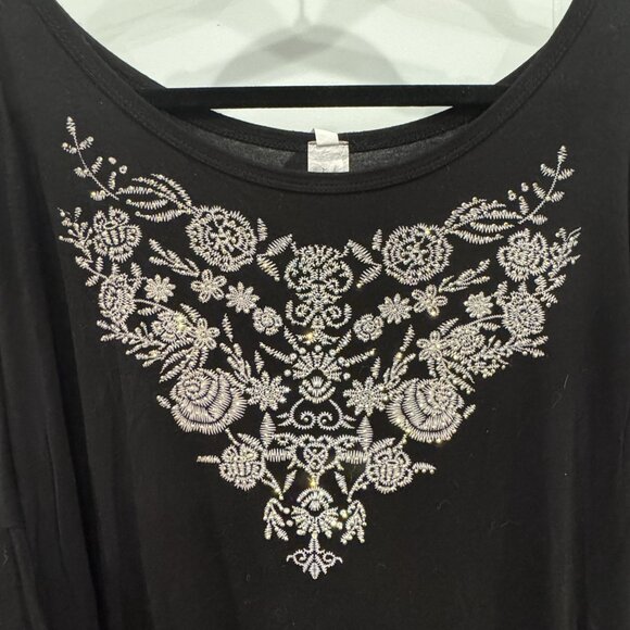 Black 2xl Cold Shoulder Top Silver Rhinestones Floral Design Boho Glam Concert - Picture 4 of 6